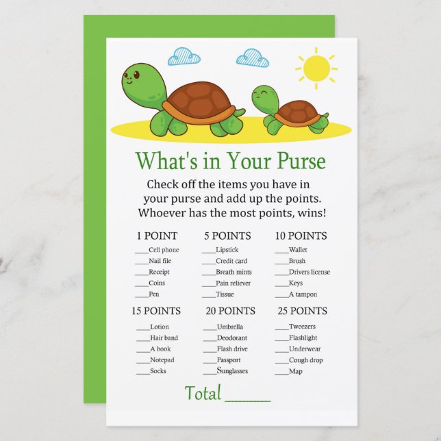 Turtle What's in your purse game baby shower (Front/Back)