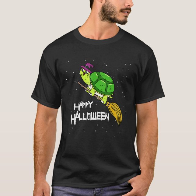 Turtle Witch Broomstick Night Cute Reptile Hallowe T-Shirt (Front)