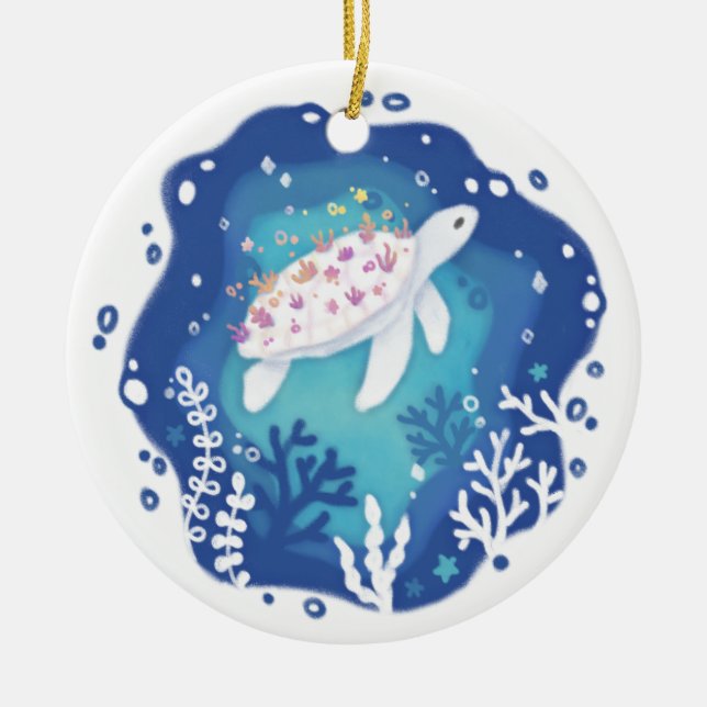 Turtle with Corals in Ocean Paper Art Illustration Ceramic Ornament (Front)