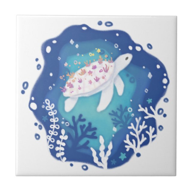 Turtle with Corals in Ocean Paper Art Illustration Ceramic Tile (Front)