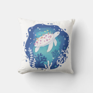 Turtle with Corals in Ocean Paper Art Illustration Cushion