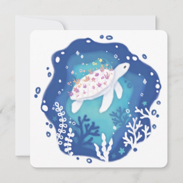 Turtle with Corals in Ocean Paper Art Illustration Invitation (Front)