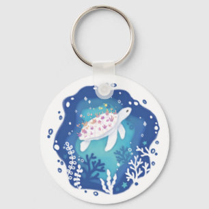 Turtle with Corals in Ocean Paper Art Illustration Key Ring