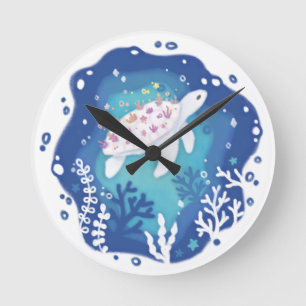 Turtle with Corals in Ocean Paper Art Illustration Round Clock