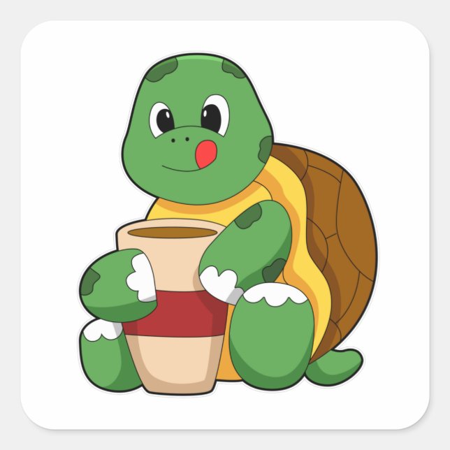 Turtle with Cup of Coffee Square Sticker (Front)