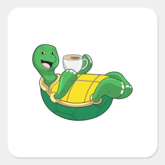 Turtle with Cup of Coffee Square Sticker (Front)