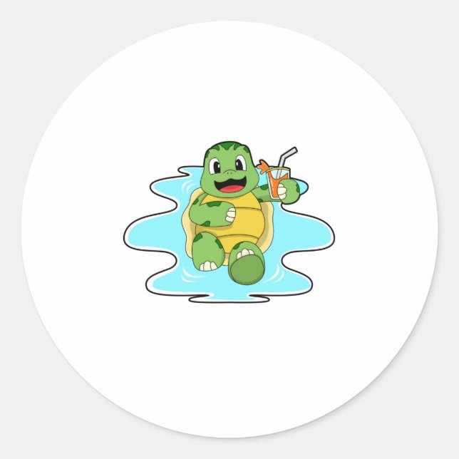 Turtle with Drink in Water Classic Round Sticker (Front)