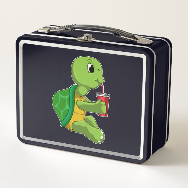Turtle with Drinking mug with Straw Metal Lunch Box (Front)