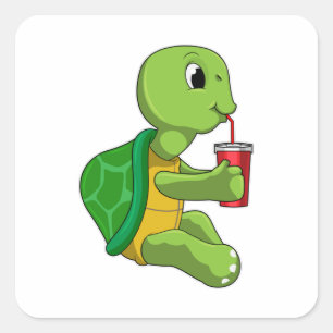 Turtle with Drinking mug with Straw Square Sticker