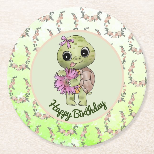 Turtle with flower  round paper coaster (Front)