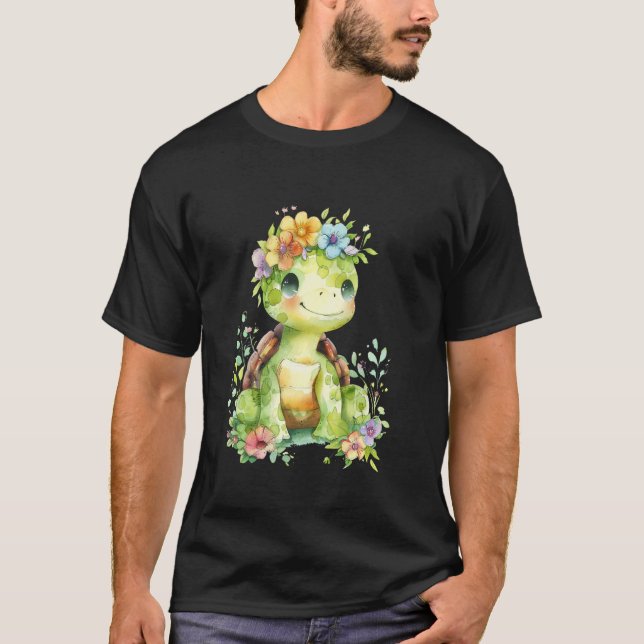 turtle with flowers cute turtles shielded animal b T-Shirt (Front)