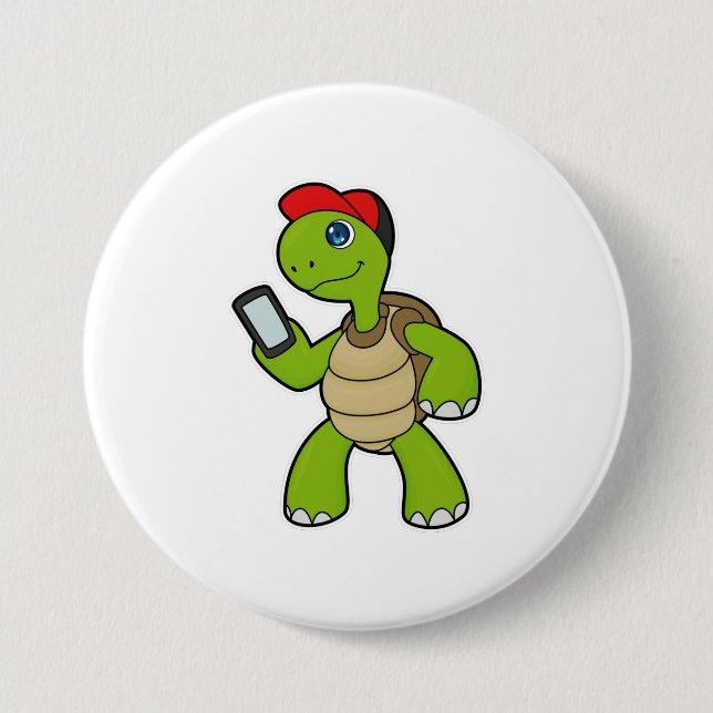 Turtle with Phone & Hat 7.5 Cm Round Badge (Front)