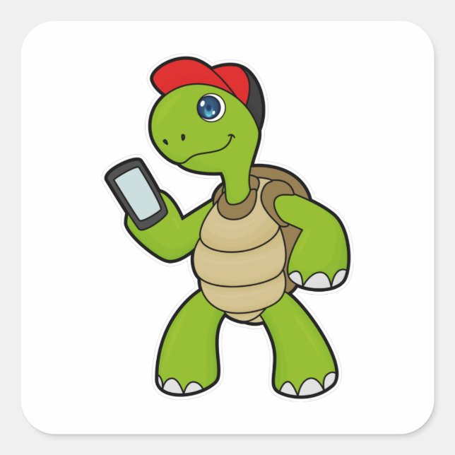Turtle with Phone & Hat Square Sticker (Front)