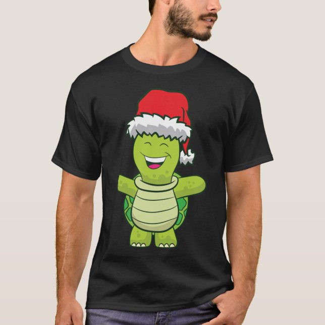 Turtle With Santa Hat Cute Turtle Christmas T-Shirt (Front)