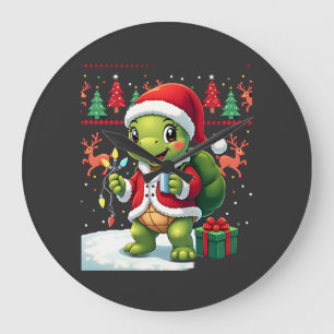 Turtle Xmas Lights Ugly Santa Turtle Christmas Tan Large Clock