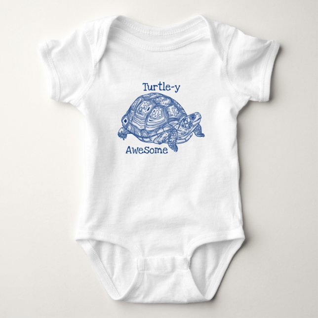 Turtle - y Awesome Cute Blue Drawing Text Baby Bodysuit (Front)