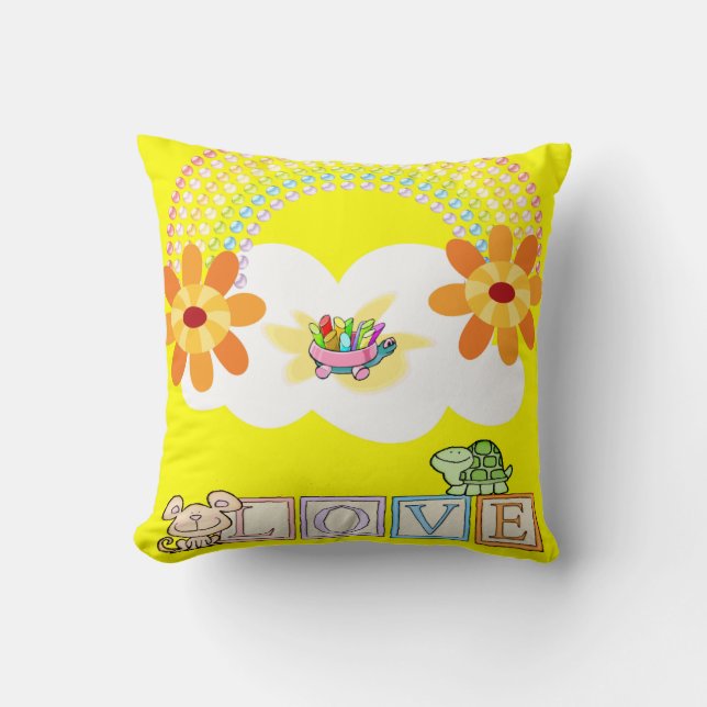 Turtle Yellow Rainbow Clouds Throw Pillow  (Front)