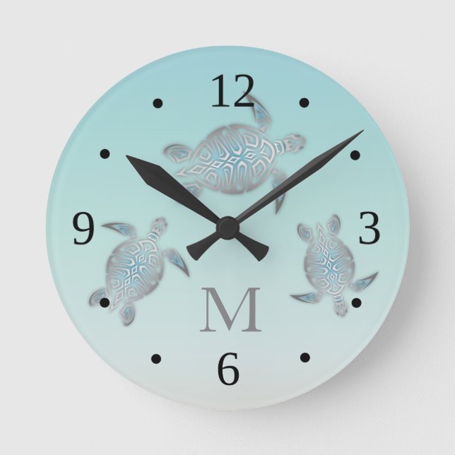 Turtles Beach Style  Silver Turquoise Monogram Round Clock (Front)
