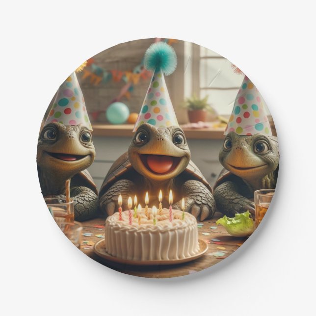 Turtles celebrating birthday with cake and hats In Paper Plate (Front)