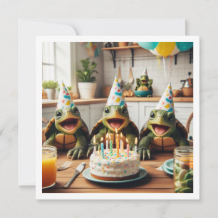 Turtles celebrating birthday with cake and hats invitation