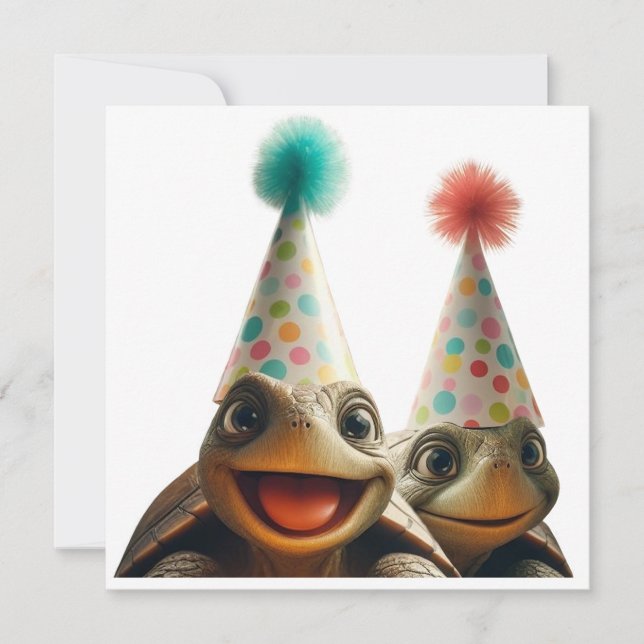 Turtles celebrating birthday with cake and hats invitation (Front)