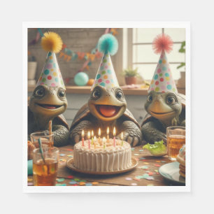 Turtles celebrating birthday with cake and hats  napkin