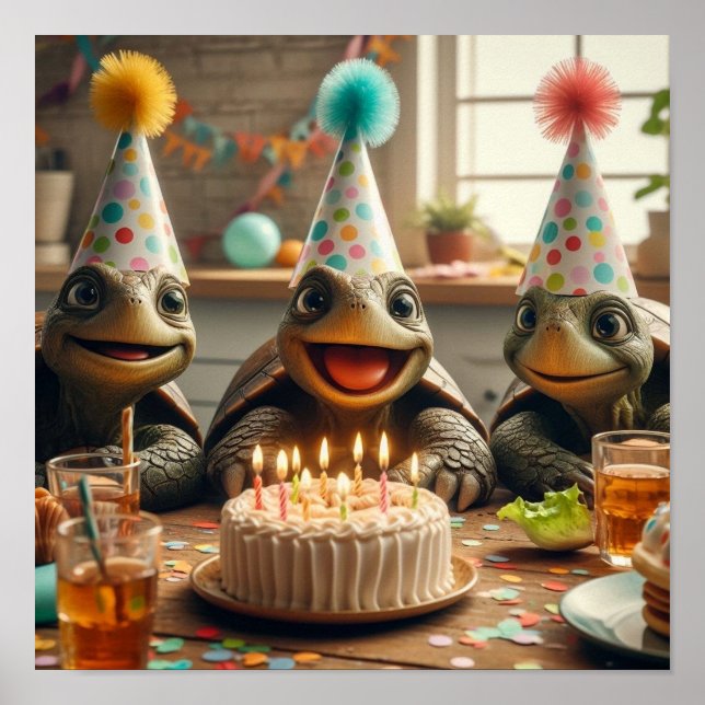 Turtles celebrating birthday with cake and hats poster (Front)
