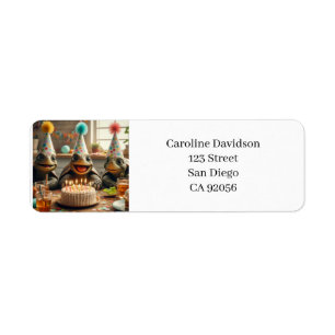 Turtles celebrating birthday with cake and hats return address label