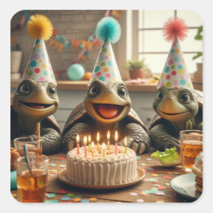 Turtles celebrating birthday with cake and hats square sticker