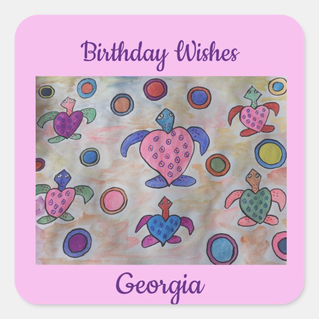 Turtles & Circles Birthday Square Sticker (Front)