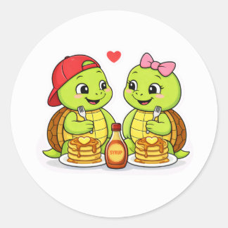 Turtles enjoying breakfast together classic round sticker