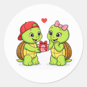 Turtles exchanging a gift of love classic round sticker