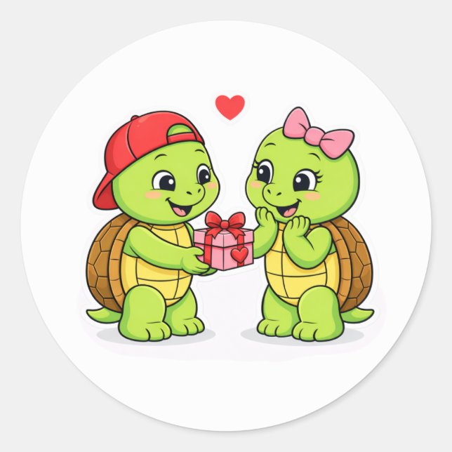 Turtles exchanging a gift of love classic round sticker (Front)