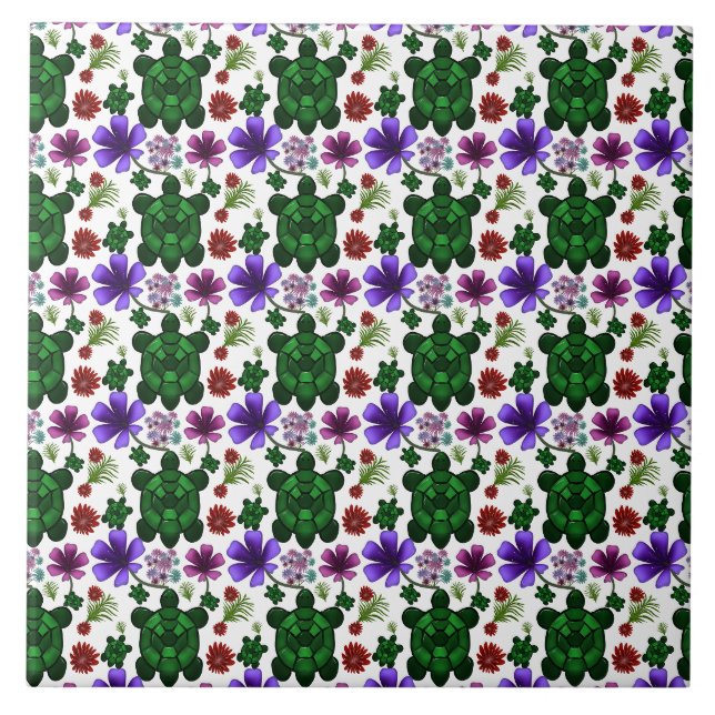 Turtles floral pattern  ceramic tile (Front)