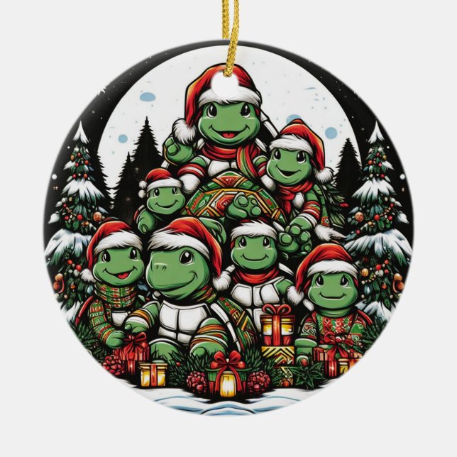 Turtle's happy with Christmas gifts  Ceramic Ornament (Front)