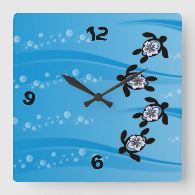 turtles & hibiscus square wall clock (Front)