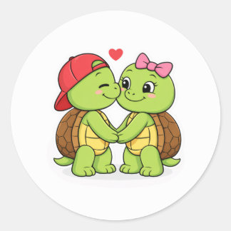 Turtles in love with a heart classic round sticker