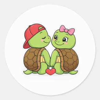 Turtles in love with heart-shaped tails classic round sticker