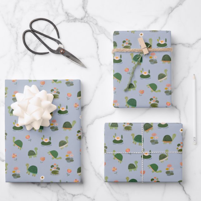 Turtles & Lily Pads on Light Blue Wrapping Paper Sheet (Front)