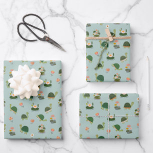 Turtles & Lily Pads on Pistachio Green Wrapping Paper Sheet