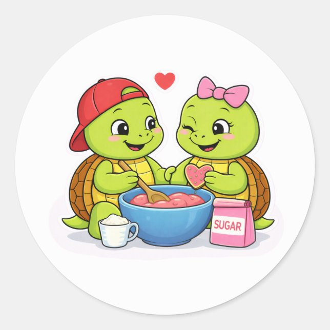 Turtles making heart-shaped cookies classic round sticker (Front)