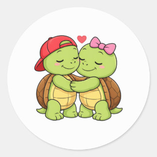 Turtles sharing a sweet embrace classic round sticker