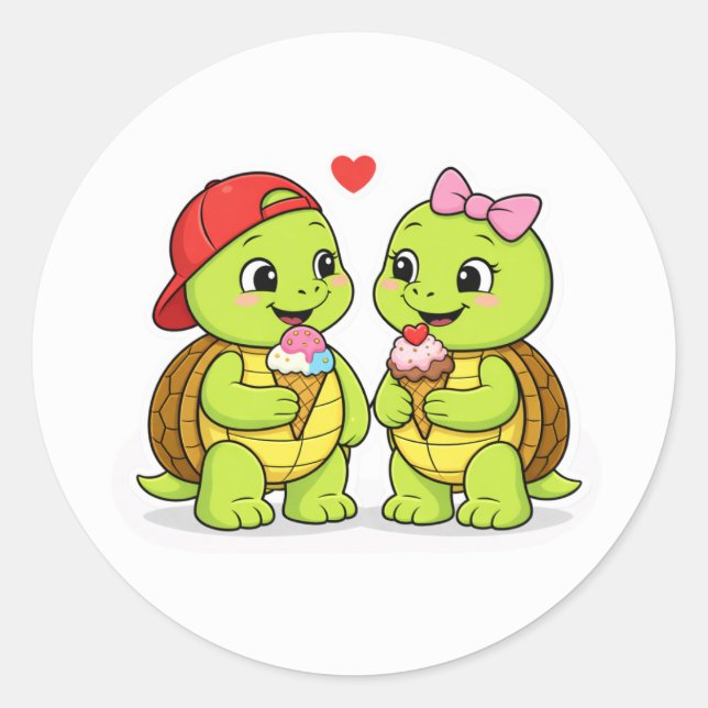Turtles sharing ice cream and love classic round sticker (Front)