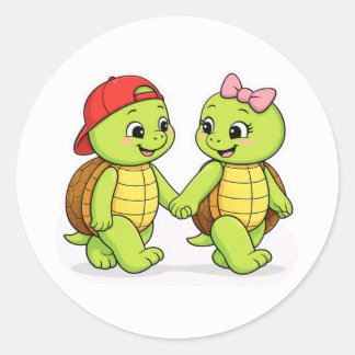 Turtles strolling hand in hand classic round sticker