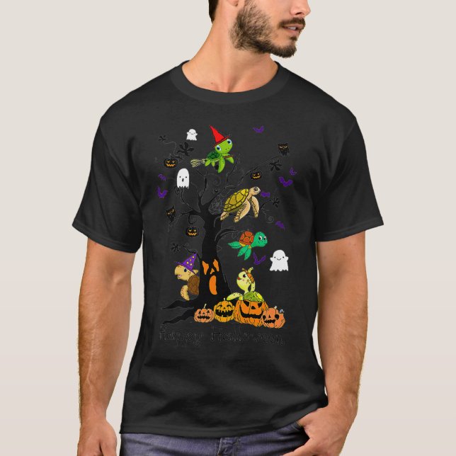 Turtles Witch On Tree Pumpkin Bats Happy Halloween T-Shirt (Front)