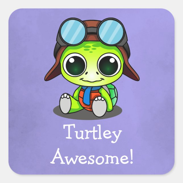 Turtley Awesome! Cute Chibi Cartoon Turtle Square Sticker (Front)