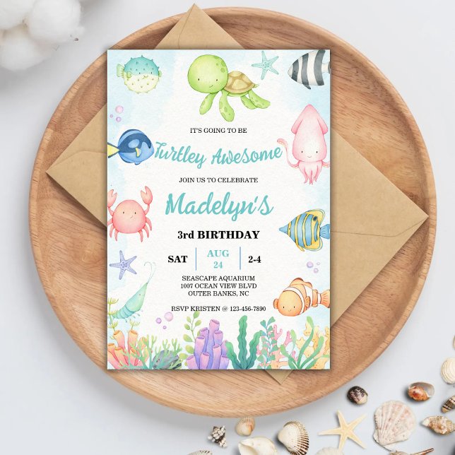 Turtley Awesome Watercolor Under Sea Birthday Invitation (Creator Uploaded)