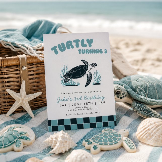 Turtly Turning 3 Turtle Blue Check 3rd Birthday  Invitation (Creator Uploaded)