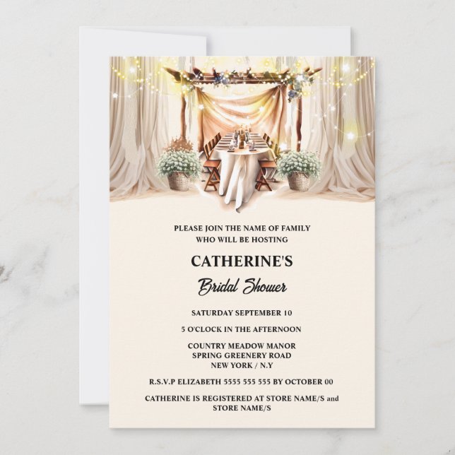 Tuscan boho string lights elegant dining drapes invitation (Front)