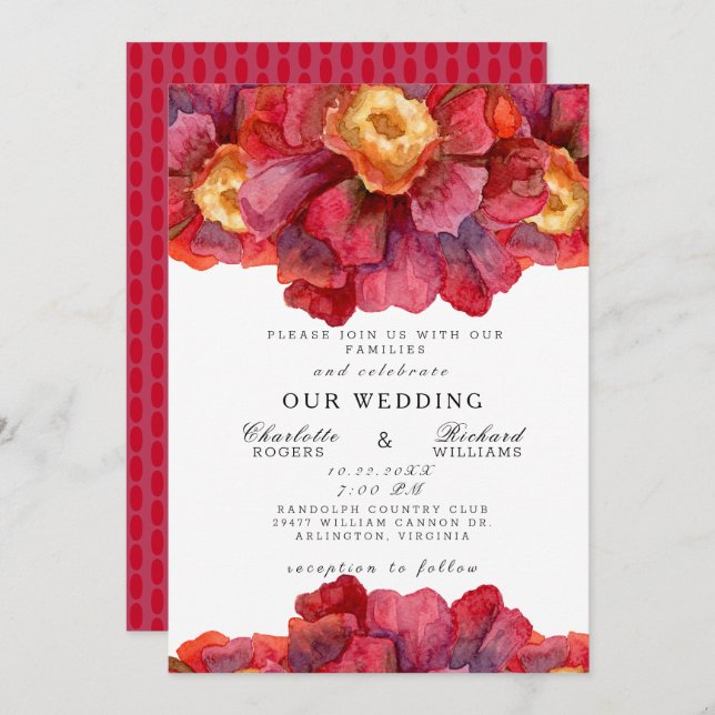 Tuscan Bold and Vibrant Red Floral Wedding Invitation (Front/Back)